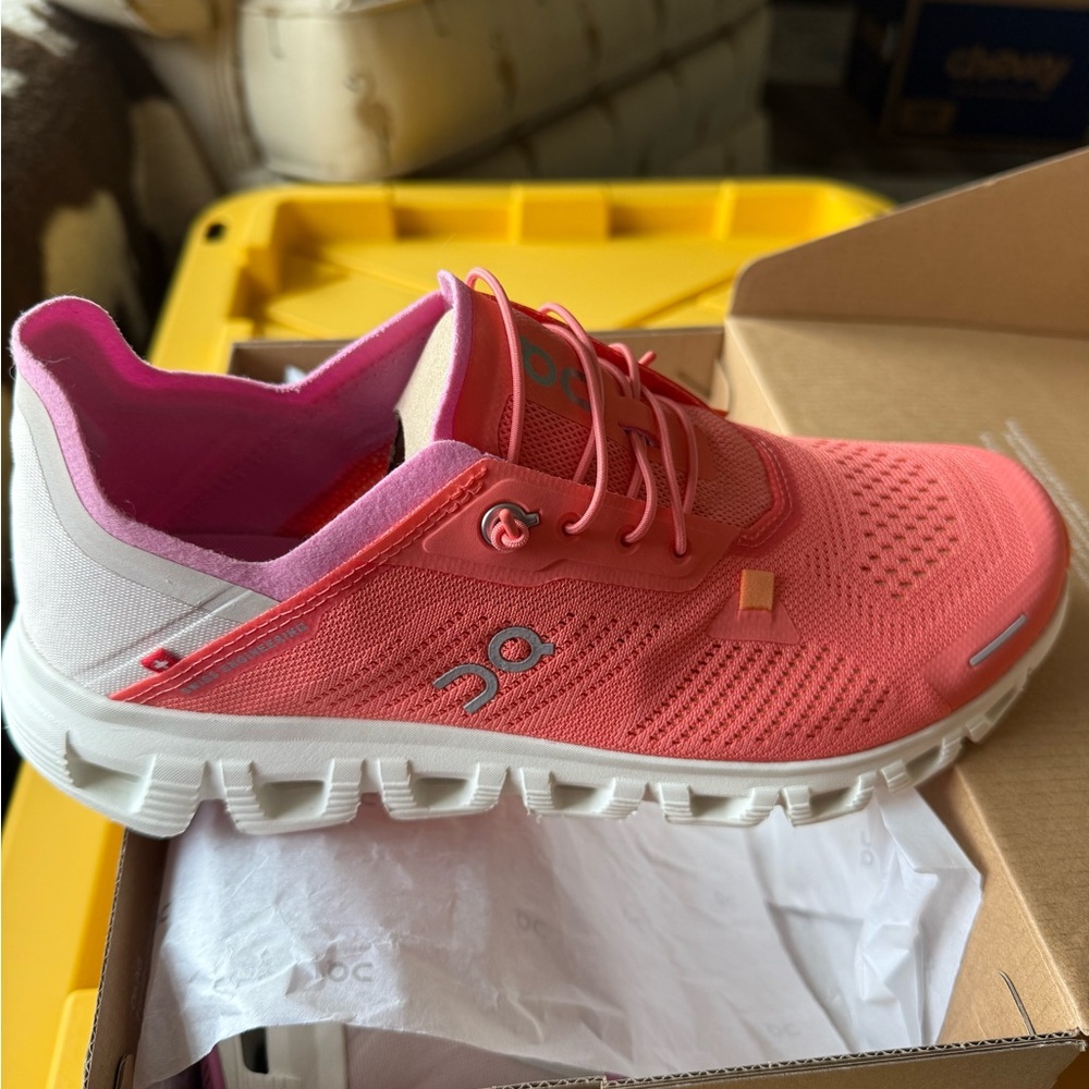 On Running Women's Pink and White Athletic Shoes